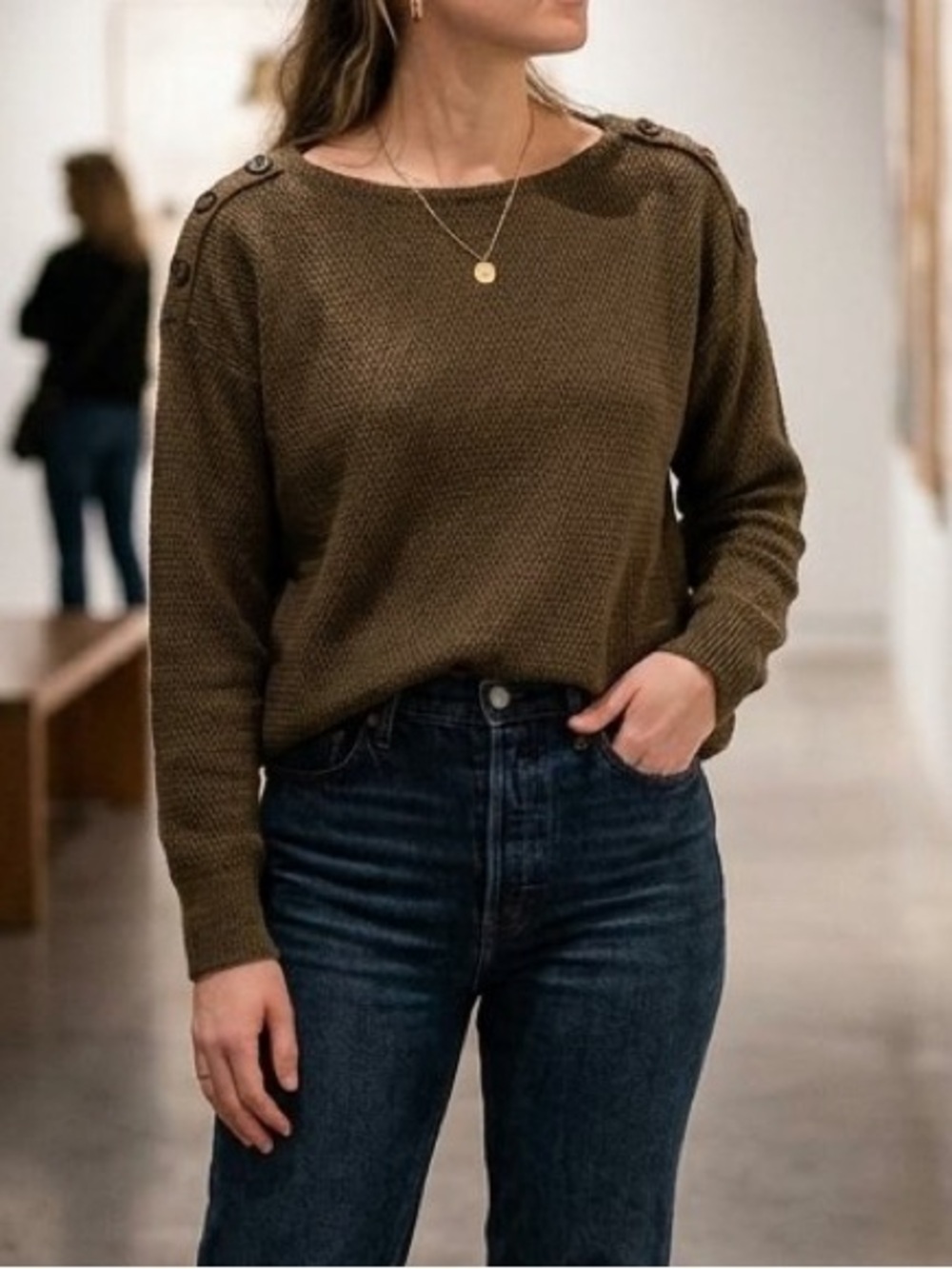 French Laundry Brown Button-Shoulder Knit Sweatshirt Plus sz. 1X